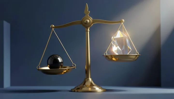 A polished brass balance scale tilted to one side, holding a dark obsidian sphere on the lower pan and a clear glass prism refracting light on the higher pan against a deep blue background.