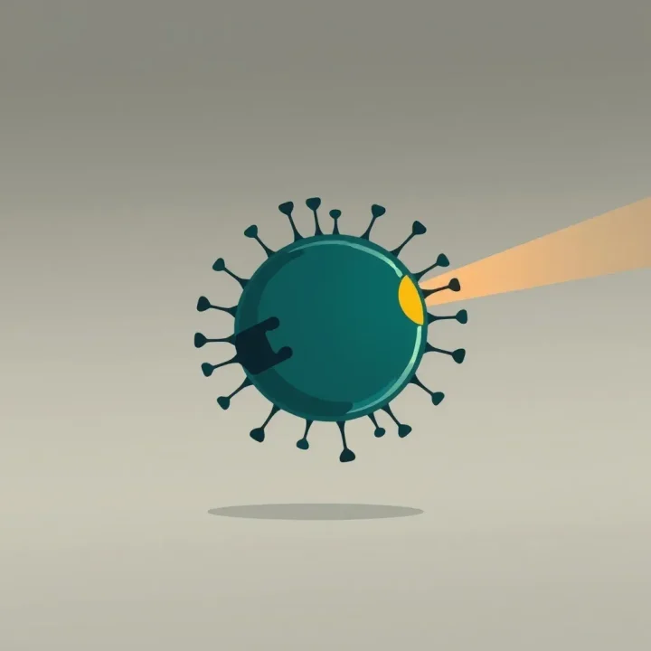 Una célula inmunitaria estilizada de color verde azulado, con una abrazadera oscura semejante a un freno sobre su superficie, iluminada por un haz cálido contra un fondo suavemente desenfocado.