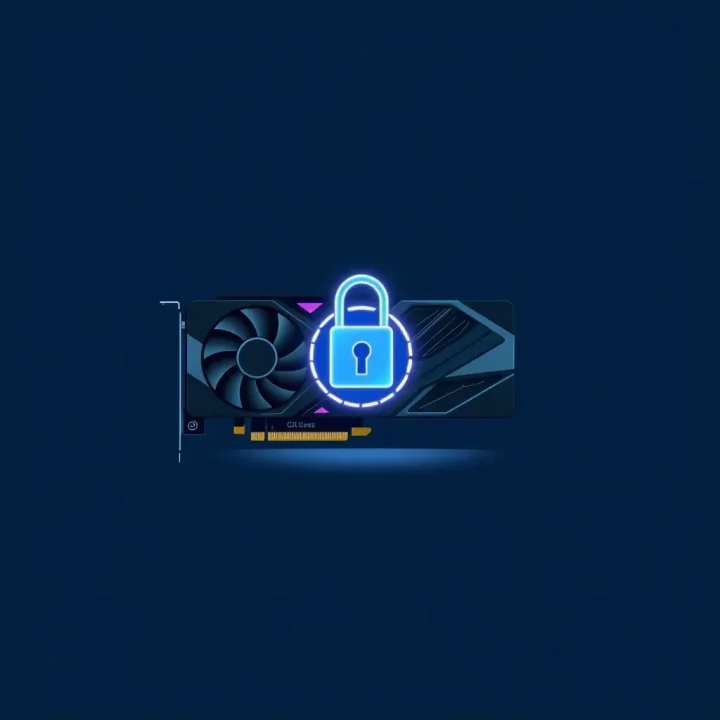 Redaktionelle Illustration einer modernen Grafikkarte, die von einem sanft leuchtenden digitalen Sicherheitsschloss vor einem minimalistischen, dunkelblauen Hintergrund angestrahlt wird.