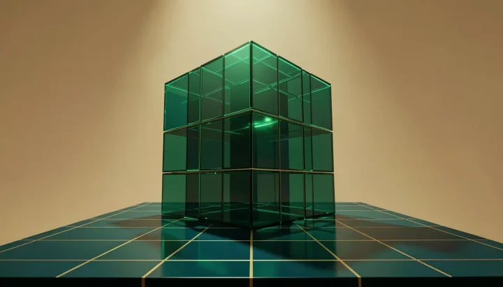 Una ilustración editorial que presenta cubos de vidrio geométricos de color verde esmeralda sobre una plataforma pulida de color azul verdoso oscuro, iluminada por un foco superior sobre un fondo ámbar cálido.