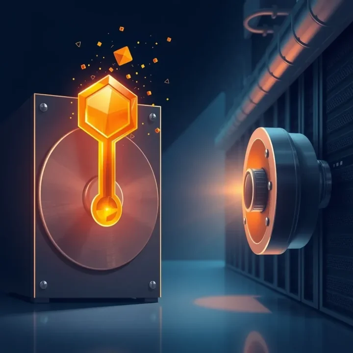 Editorial illustration featuring an amber glass key dissolving into glowing light particles above a heavy brushed steel vault mechanism in a cool blue server room.