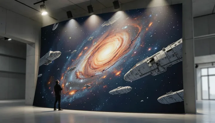 Una ilustración editorial panorámica que muestra un gran mural de temática cósmica iluminado por focos dentro de un edificio moderno, con la silueta de un artista al pie de la obra.