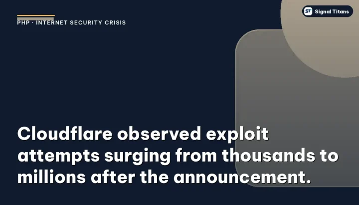 PHP · Internet Security Crisis: Cloudflare observed exploit attempts surging from thousands to millions after the announcement.