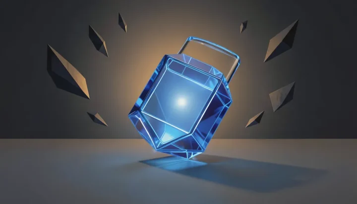 A central translucent blue geometric game cartridge illuminated from within on a dark slate surface, with amber lighting and floating geometric shards in the background.