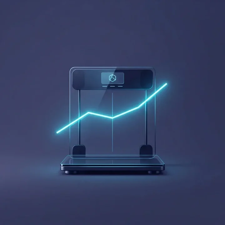 A sleek digital scale balancing a glowing cyan chart line against a dark indigo background.