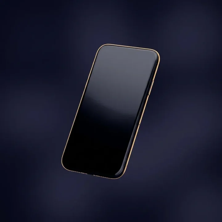Un appareil portable en verre noir poli flottant au milieu de modules translucides abstraits et de lignes géométriques dorées sur un fond indigo profond.