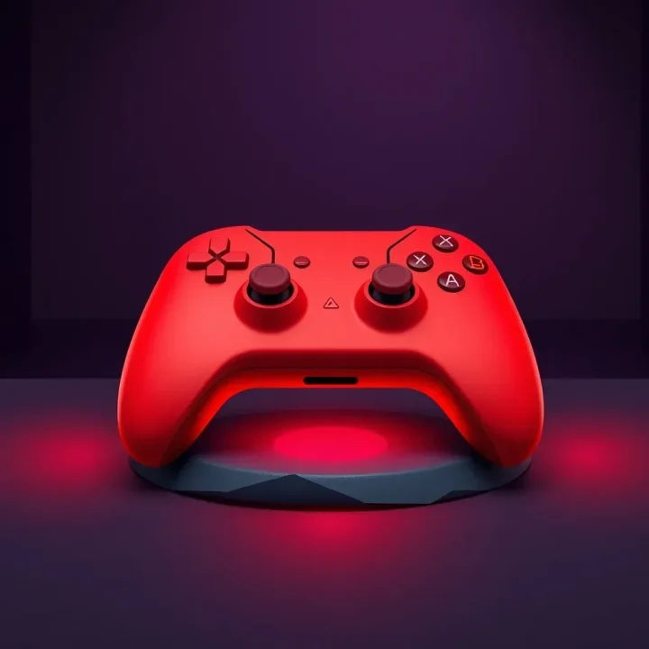 A glossy red video game controller sitting on a slate table illuminated by soft crimson and warm amber lighting against a dark violet backdrop.