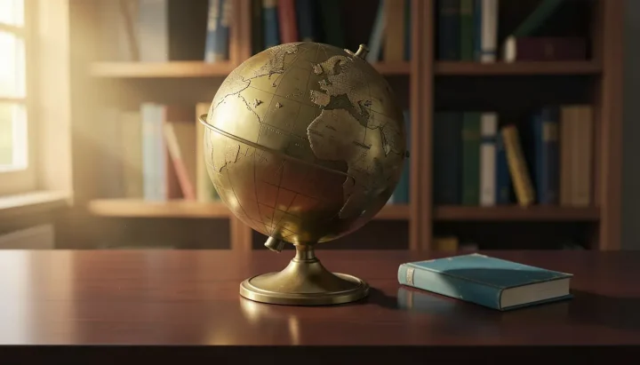 Un globo astronómico de latón de estilo antiguo y un cuaderno azul marino sobre una mesa de caoba oscura en un entorno de biblioteca cálido.