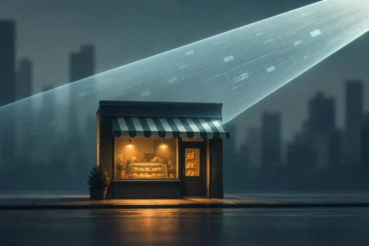 A small deli storefront under a passing algorithmic search beam, illustrating how AI agents overlook local businesses in favor of established incumbents.