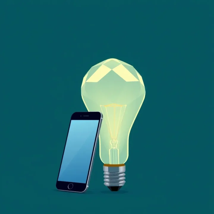 A sleek smartphone leaning against a large glowing geometric lightbulb on a dark teal background.