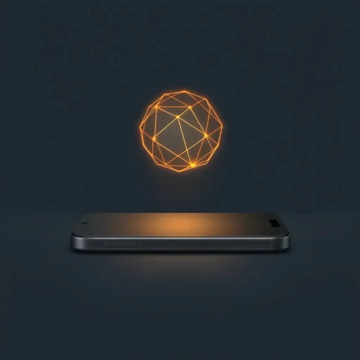 A slate-grey smartphone positioned under a glowing golden vector sphere against a dark indigo background.
