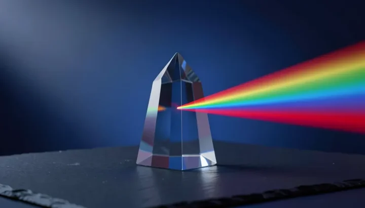 Editorial-Illustration eines Glasprismas auf einer dunklen Schieferoberfläche, das einen präzisen roten Lichtstrahl in ein Regenbogenspektrum vor einem tiefblauen Farbverlauf bricht.