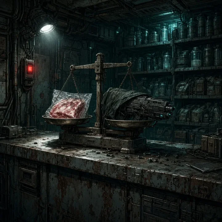 Editorial illustration of a battered checkout counter and balance scale inside a cramped cyberpunk space-station shop, with rat meat, water canisters and a concealed weapon.