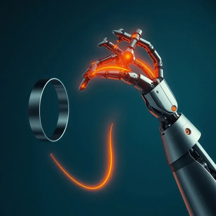 Ilustração editorial mostrando uma mão robótica de cromo polido e grafite entrelaçada por um fio de luz âmbar brilhante, ao lado de uma faixa de sensor iluminada.
