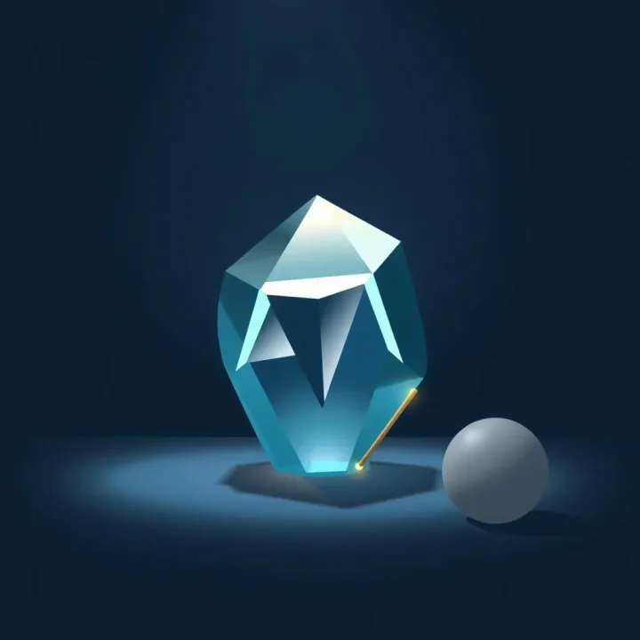 A central translucent glass prism refracting light pathways toward a matte ceramic sphere on a navy background.