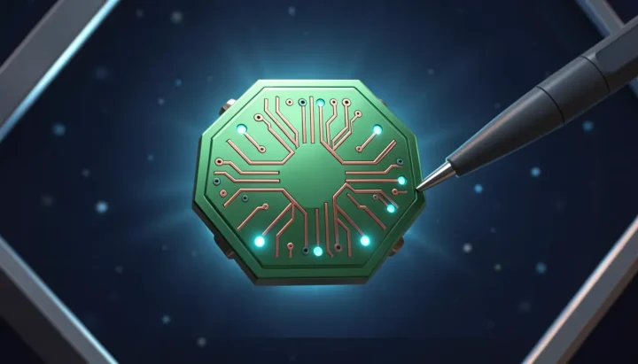 Uma ilustração editorial destacando um módulo de placa de circuito em verde metálico com nós em ciano brilhante e trilhas de cobre, acompanhado por uma sonda de diagnóstico em cinza-escuro sobre um fundo azul-marinho profundo.