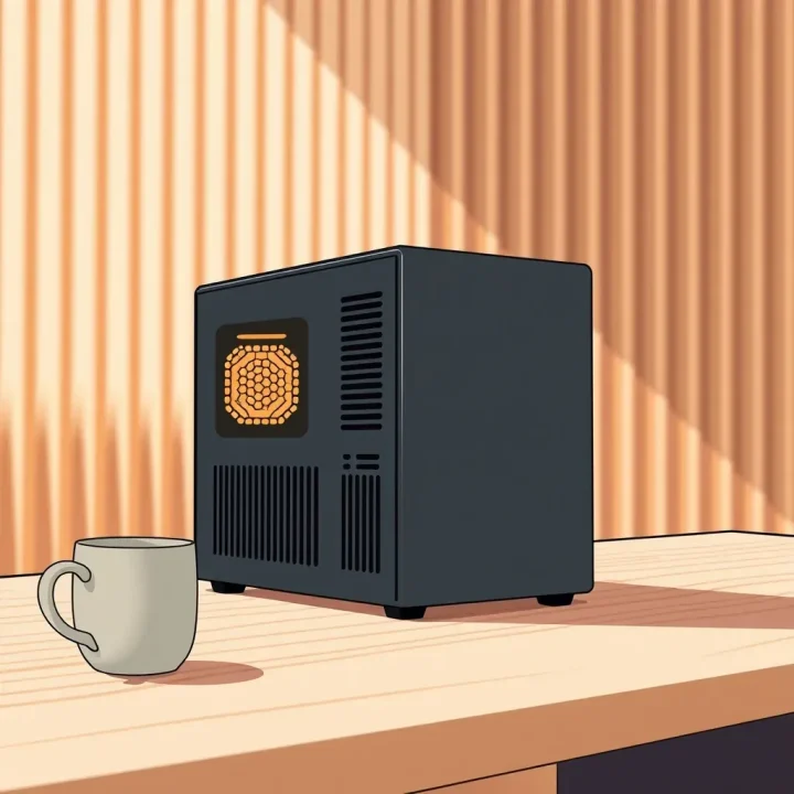 A compact dark metal desktop PC chassis resting on a light wood desk next to a ceramic mug, illuminated by warm accent lighting.