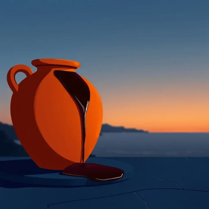 Ilustración editorial de una enorme ánfora griega de terracota inclinada que derrama vino tinto oscuro sobre un pedestal de piedra índigo con un horizonte costero al atardecer.