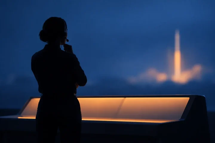Silhouette d'un ingénieur de la NASA près d'une console lumineuse sur fond bleu profond, symbolisant les équipes invisibles des missions spatiales.