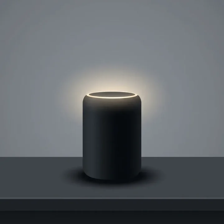 Una ilustración conceptual horizontal y mínima de la silueta de un altavoz inteligente sobre una mesa oscura, emitiendo una luz tenue sobre un fondo gris liso.