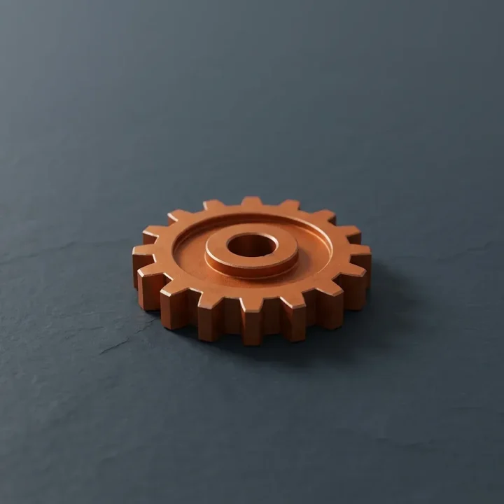 A metallic gear in a warm Rust-orange color sits on a dark slate surface under soft overhead lighting.