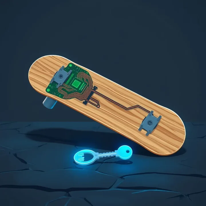 An editorial illustration featuring a skateboard deck embedded with a digital circuit board next to a glowing blue ethereal key on a dark stone surface.
