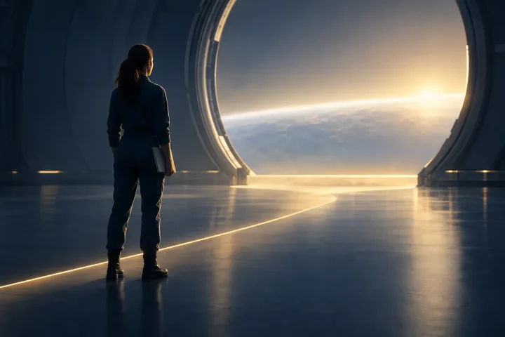A young professional holding a notebook stands before the softly lit circular entrance of a spacecraft hangar, with a narrow path of light leading inside.