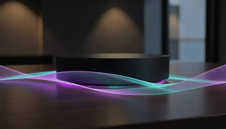 Redaktionelle Illustration einer eleganten schwarzen Streaming-Box auf einem Walnussholztisch mit leuchtenden violetten und cyanfarbenen Lichtakzenten.