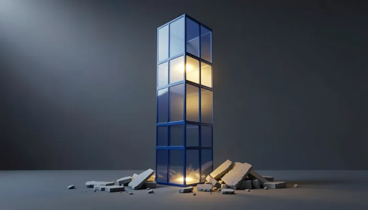 Una ilustración editorial que representa un sólido y brillante pilar de vidrio azul que se eleva sobre baldosas de piedra rotas, simbolizando la arquitectura de un sistema operativo creado desde cero sobre código heredado.