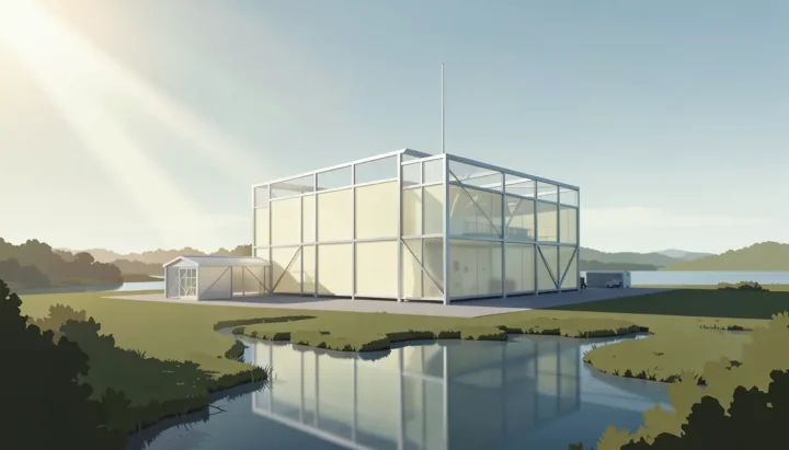 Ilustración arquitectónica minimalista de un gran edificio de ensamblaje espacial de acero y vidrio que proyecta sombras geométricas sobre los humedales costeros de Florida.
