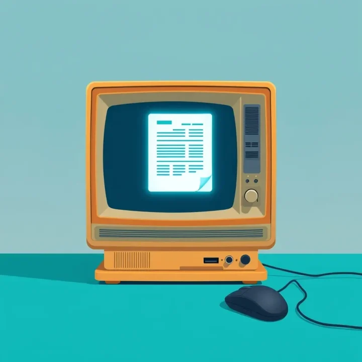 Um monitor vintage de tubo de raios catódicos bege exibindo o layout de um documento em ciano ao lado de um mouse de computador sobre uma superfície azul-petróleo.