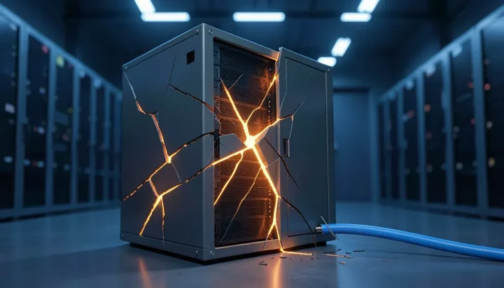 Editorial illustration of a fractured dark gray server cabinet glowing with orange light inside a dark blue server room next to a severed blue cable.