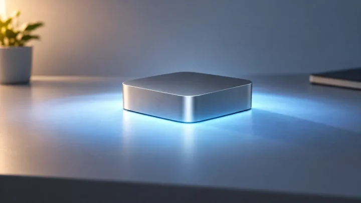 Redaktionelle Illustration eines kompakten Metall-Mini-PCs, der auf einer sauberen Schreibtischoberfläche einen breiten Schein kühlen Lichts erzeugt.