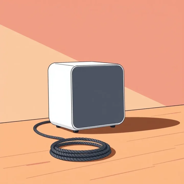 A modern sleek desktop speaker next to a neatly coiled USB-C cable on a minimal wooden tabletop.