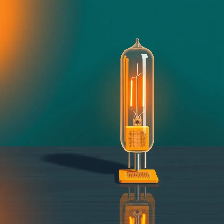 Eine leuchtende Elektronenröhre aus Glas steht neben einem winzigen goldenen Mikrochip-Wafer auf einer dunklen Holzoberfläche und veranschaulicht die Evolution der Computer-Hardware.
