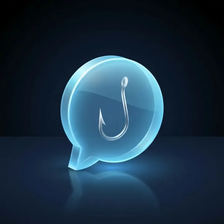 Conceptual illustration of a glowing chat bubble containing a metal hook on a dark surface.