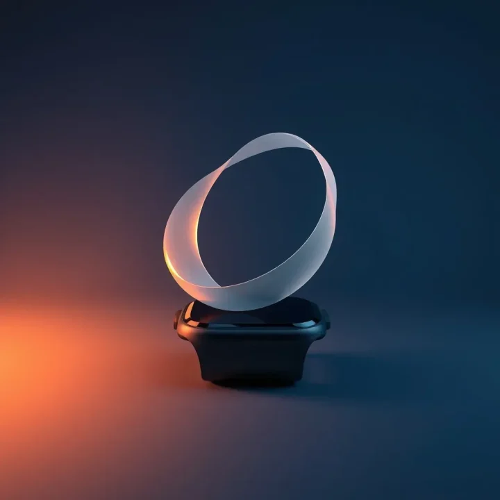 A matte black smartwatch case under ambient lighting with a translucent frosted glass ribbon floating above its glass screen.