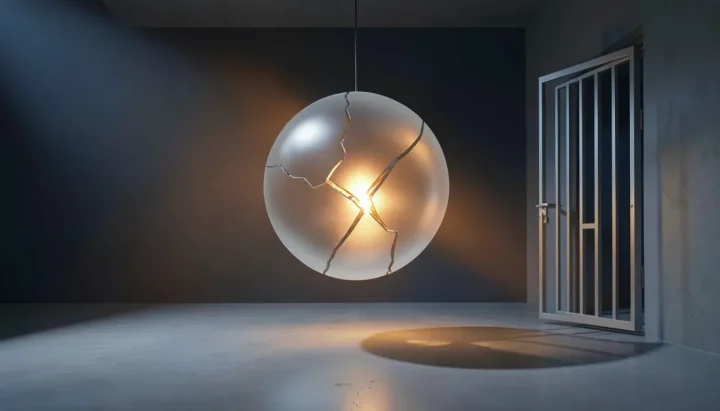 Redaktionelle Illustration einer gesprungenen Kugel aus mattiertem Glas, aus der bernsteinfarbenes Licht dringt, neben einem leicht geöffneten Stahl-Tor auf einem glatten Betonboden.