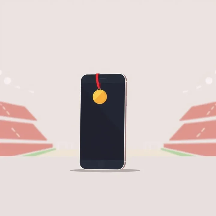 A smartphone standing like an athlete with a gold medal in a softly lit arena setting.