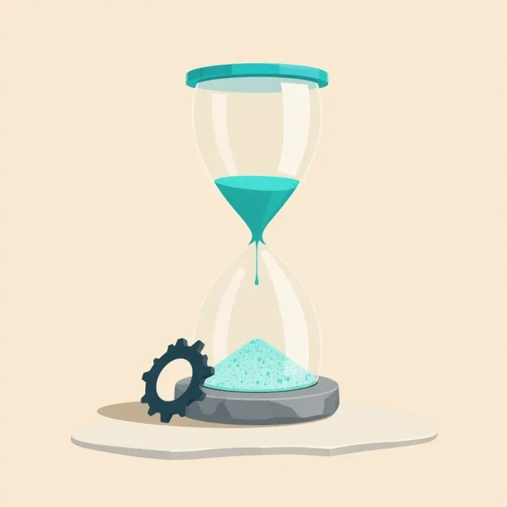 Editorial graphic showing a glass hourglass with bright cyan sand draining into a small dark navy gear on a stone surface.