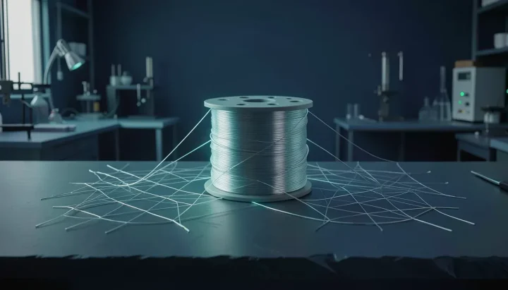 Una bobina central brillante de alambre de níquel plateado que se desenrolla en una rejilla metálica tejida sobre un banco de trabajo oscuro en un laboratorio moderno.