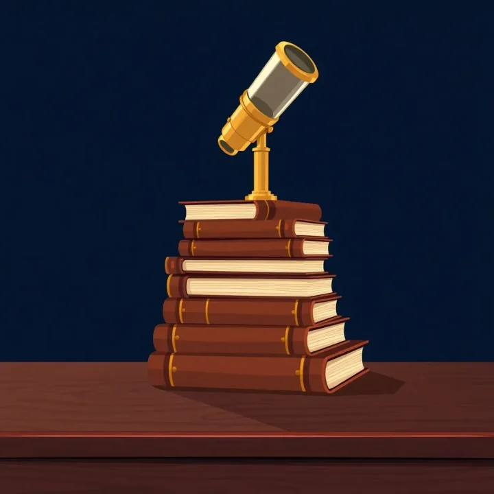 Un télescope stylisé en laiton posé sur une pile de livres législatifs reliés en cuir, disposés sur un bureau en acajou foncé sur un fond en dégradé bleu marine.