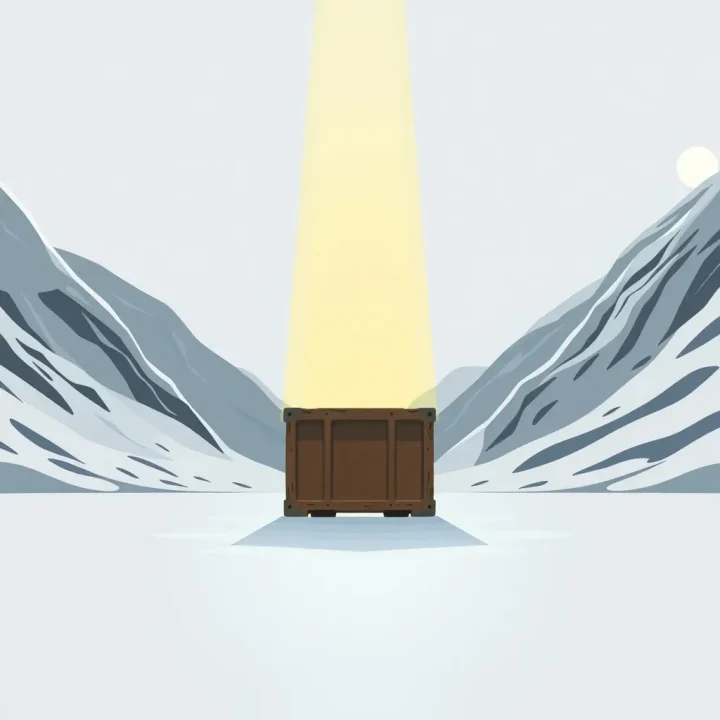 Una caja de suministros desgastada, iluminada por un cálido haz amarillo en un desolado paso montañoso helado, representa el cambio de valor del botín en Arc Raiders.