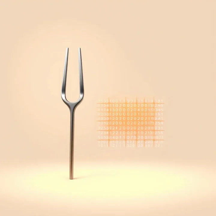 Minimalist illustration of a metallic tuning fork resting beside a glowing structured silicon matrix grid.