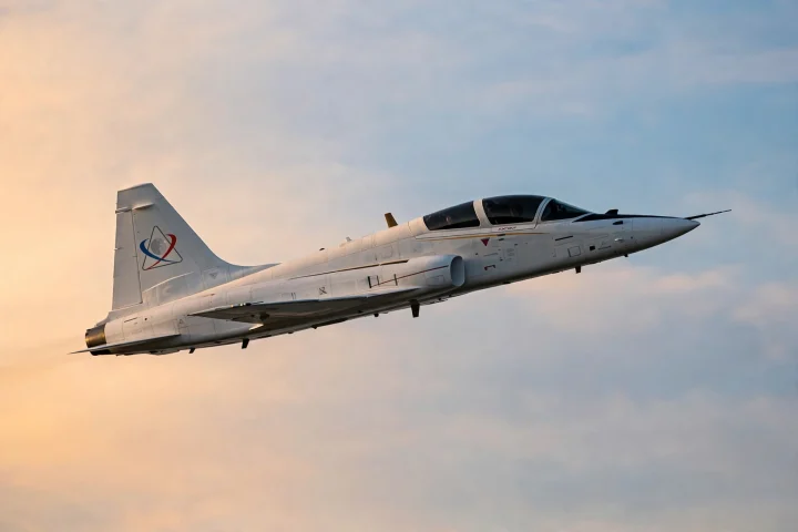 Un avión T-38 con sutiles marcas de Artemis asciende a través de un cielo matutino suavemente difuminado en tonos naranja y azul claro.
