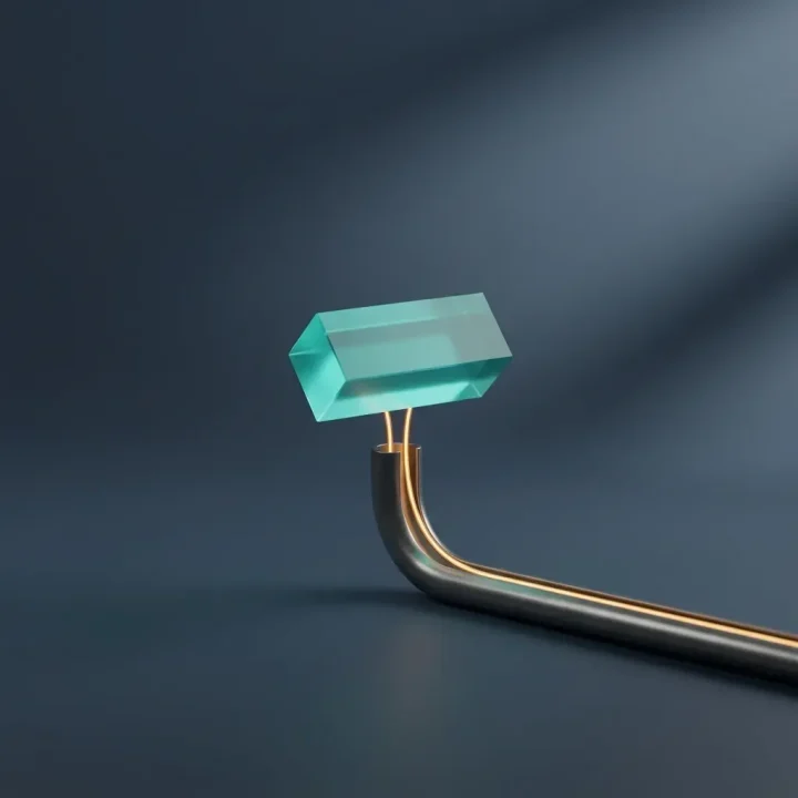 Ein leuchtendes, halbtransparentes, teal-farbenes geometrisches Prisma schwebt über einer dunkelgrauen Metallleitung, die bernsteinfarbene Lichtstränge vor einem tiefen schieferblauen Hintergrund führt.