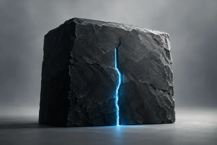 Une imposante pierre noire en forme de puzzle mathématique, traversée par une fissure bleue lumineuse qui s’arrête avant le sommet, représentant une réponse inexpliquée.