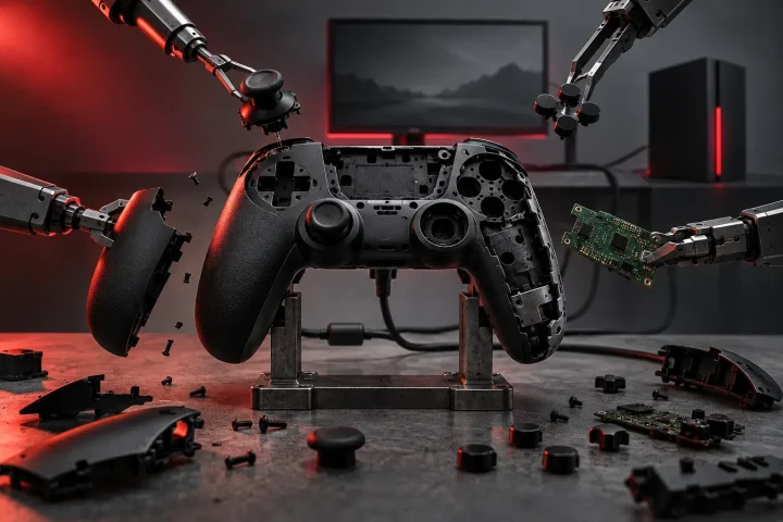 Ein markenloser Gamecontroller wird von Präzisionswerkzeugen zerlegt, während sein Kern im Hintergrund mit Gaming-Geräten verbunden bleibt.