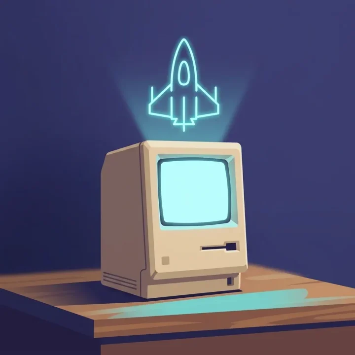 Un monitor de computadora estilo retro de los años ochenta sobre un escritorio de madera oscura que muestra una brillante cuadrícula vectorial cian de una nave espacial.