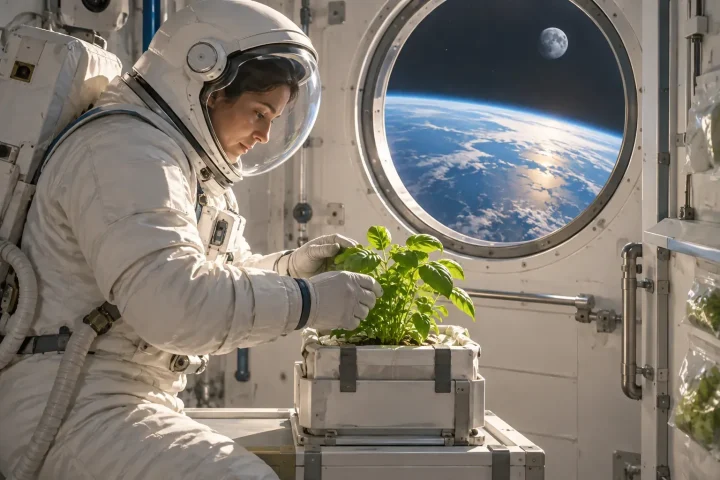 Un astronauta cuida una pequeña planta verde dentro de un módulo espacial, mientras la Tierra ocupa una ventana circular y la Luna aparece a lo lejos.